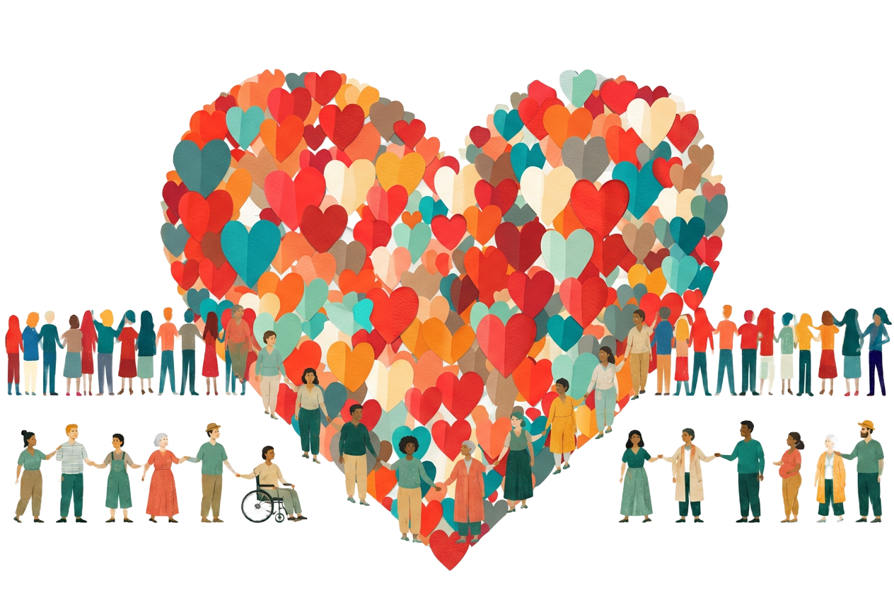 A diverse community standing together in the shape of a heart